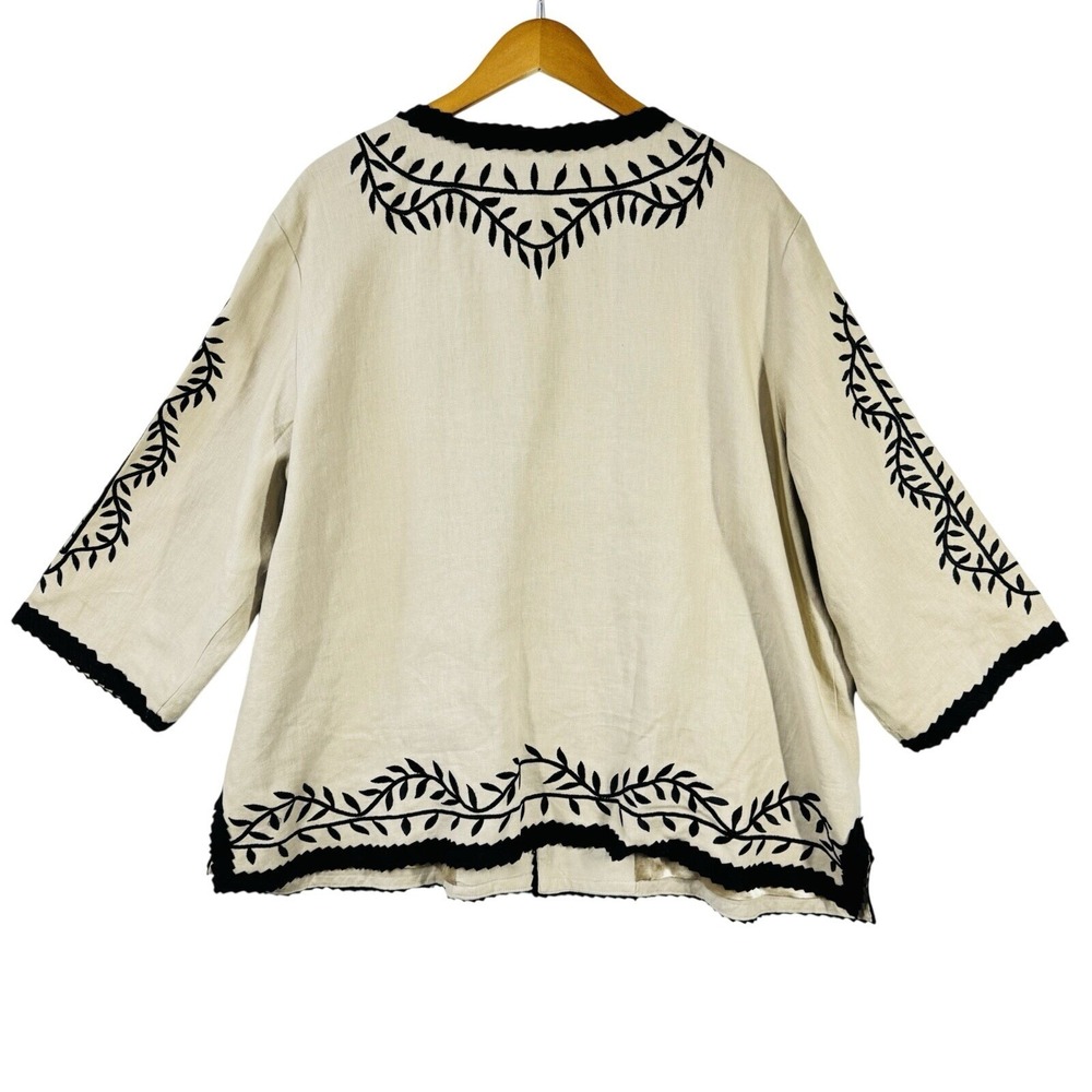 Linea Top Womens 3X Beige Black Linen Embroidered Boho Tunic Open Front Artsy - Picture 3 of 9
